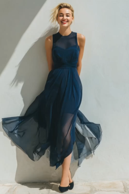 Modecrush Navy A-Line Crew Neck Chiffon Long Formal Dress 