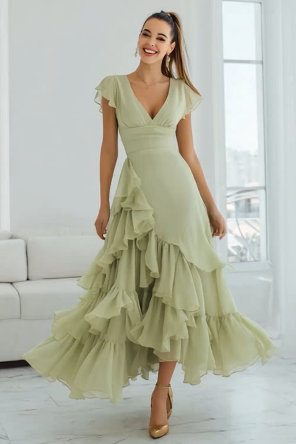 Modecrush Light Green A-Line V-Neck Chiffon Long Formal Dress with Ruffles