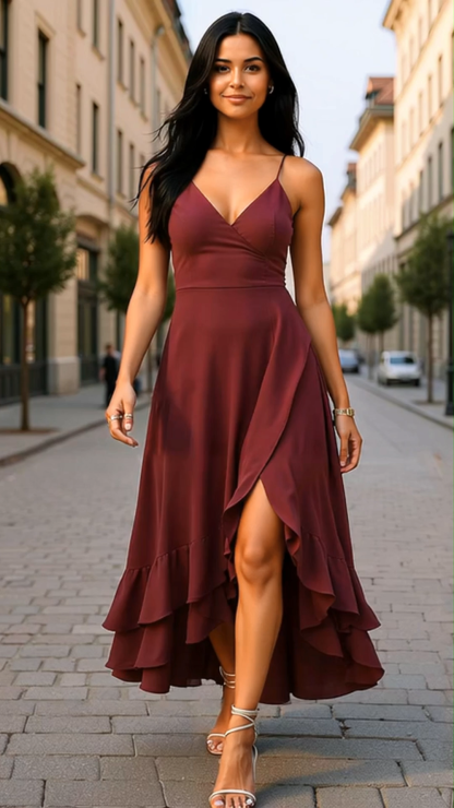 Modecrush Maroon Pleated Chiffon V-Neck Long Formal & Vacation Dress