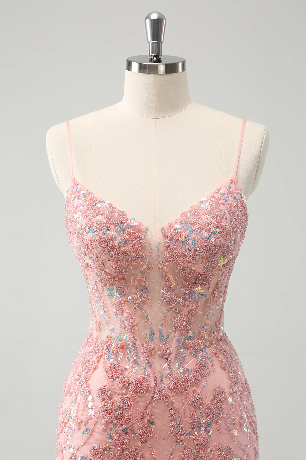 Modecrush Glitter Blush Spaghetti Straps Tight Short Homecoming Dress with Beading
