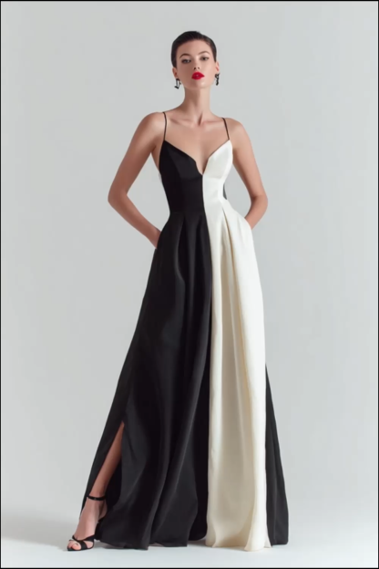 Modecrush Black and White A-Line Spaghetti Straps Satin Long Formal Dress with Slit