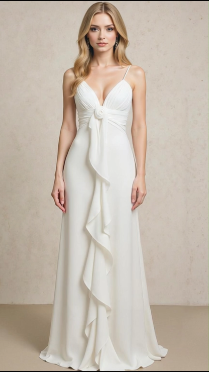Modecrush White Chiffon V-Neck A-Line Dress with Floral Embellishment 