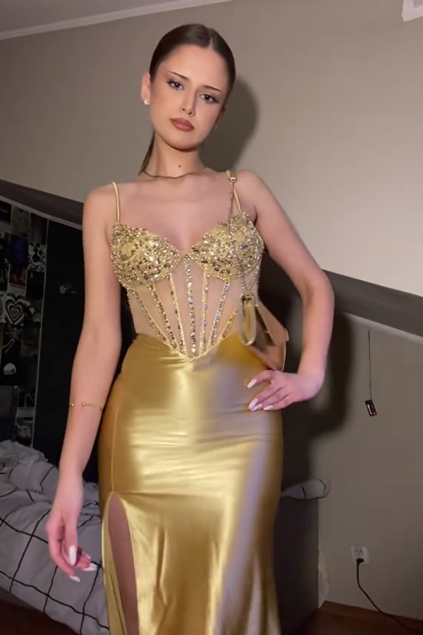 Modecrush Sparkly Golden Mermaid Spaghetti Straps Corset Long Prom Dress with Slit