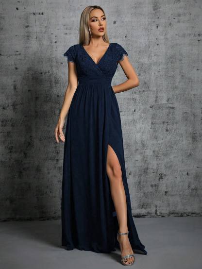 Leely Women's Elegant Sweetheart Cloak Sleeve Lace A-Line Dress