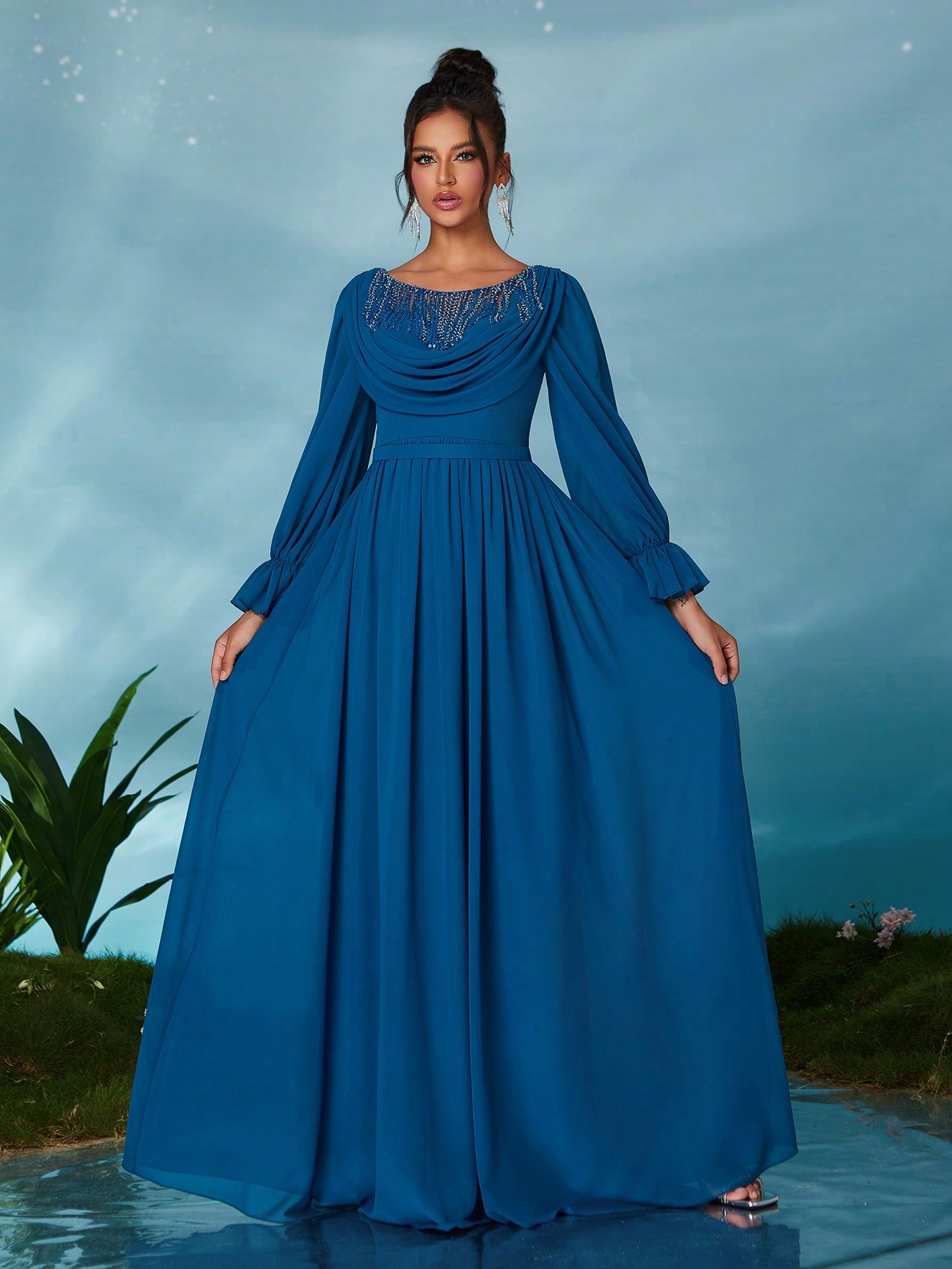 Leely Elegant Round Neck Bishop Sleeve Party Dress