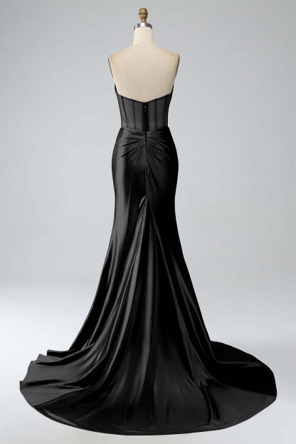 Modecrush Royal Blue Mermaid Strapless Pleated Corset Long Prom Dress with Slit