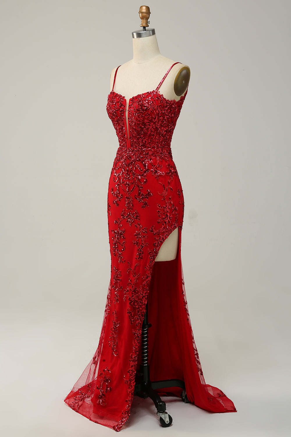 Modecrush Mermaid Spaghetti Straps Royal Blue Sequins Long Prom Dress with Split Front