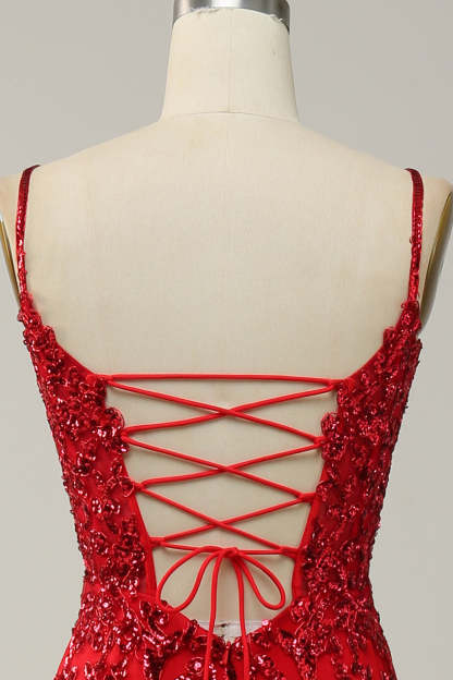 Modecrush Mermaid Spaghetti Straps Royal Blue Sequins Long Prom Dress with Split Front