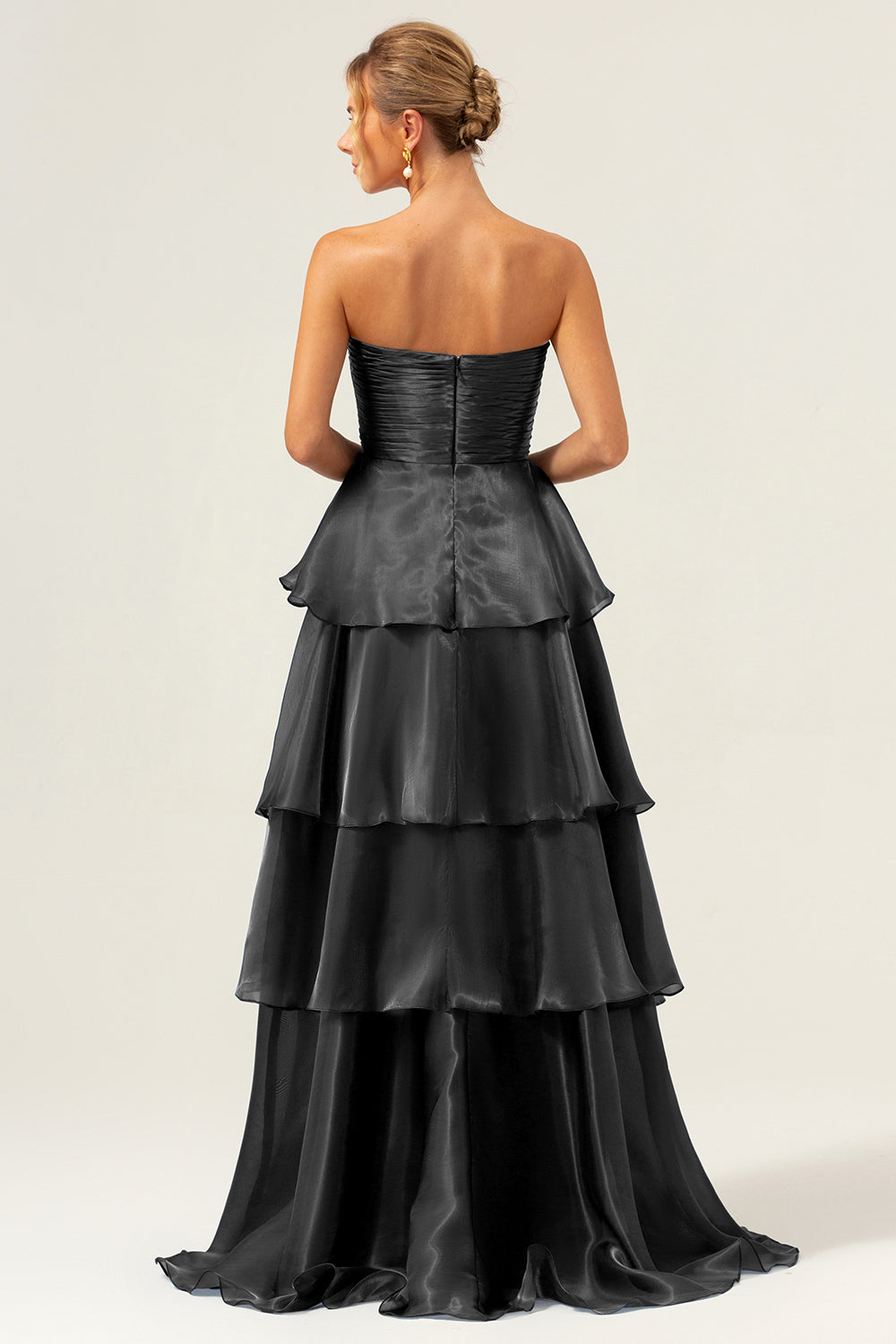 ModecrushDark Navy A Line Strapless Tiered Satin Long Bridesmaid Dress