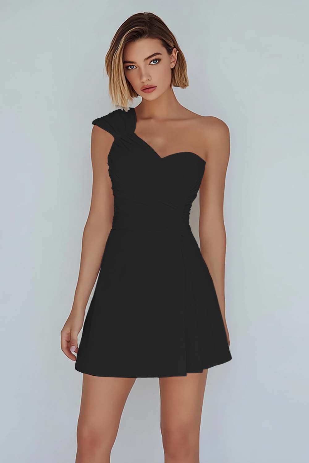 A-Line Ivory One Shoulder Ruched Short Graduation Dress 