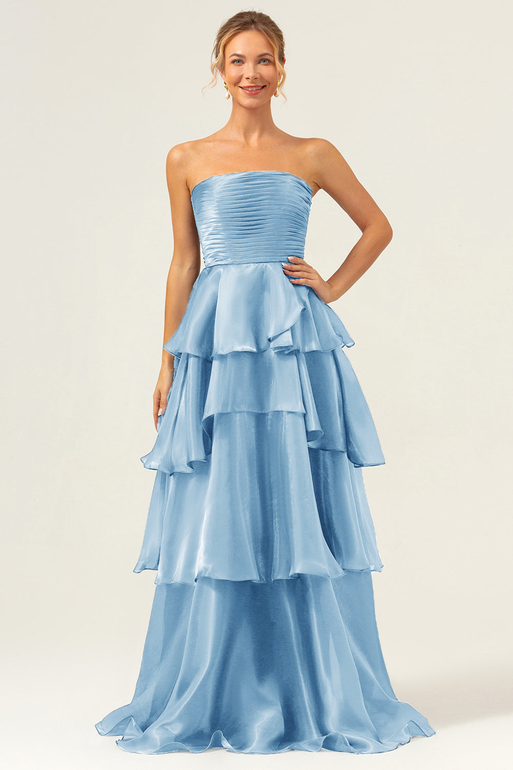 ModecrushDark Navy A Line Strapless Tiered Satin Long Bridesmaid Dress