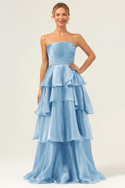ModecrushDark Navy A Line Strapless Tiered Satin Long Bridesmaid Dress