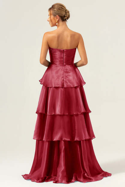 ModecrushDark Navy A Line Strapless Tiered Satin Long Bridesmaid Dress