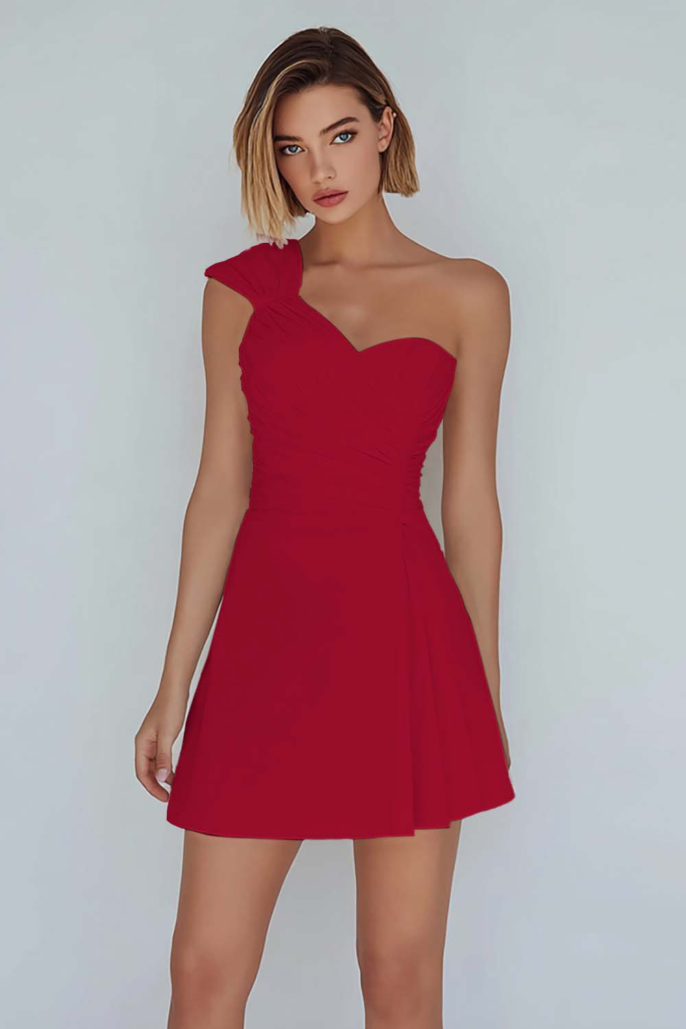 A-Line Ivory One Shoulder Ruched Short Graduation Dress 