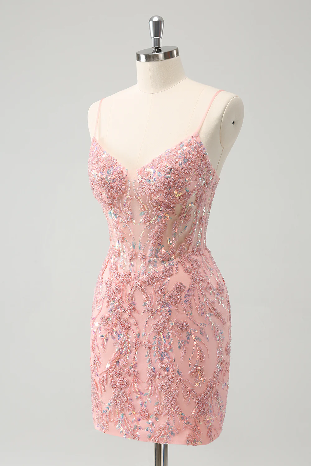 Modecrush Glitter Blush Spaghetti Straps Tight Short Homecoming Dress with Beading