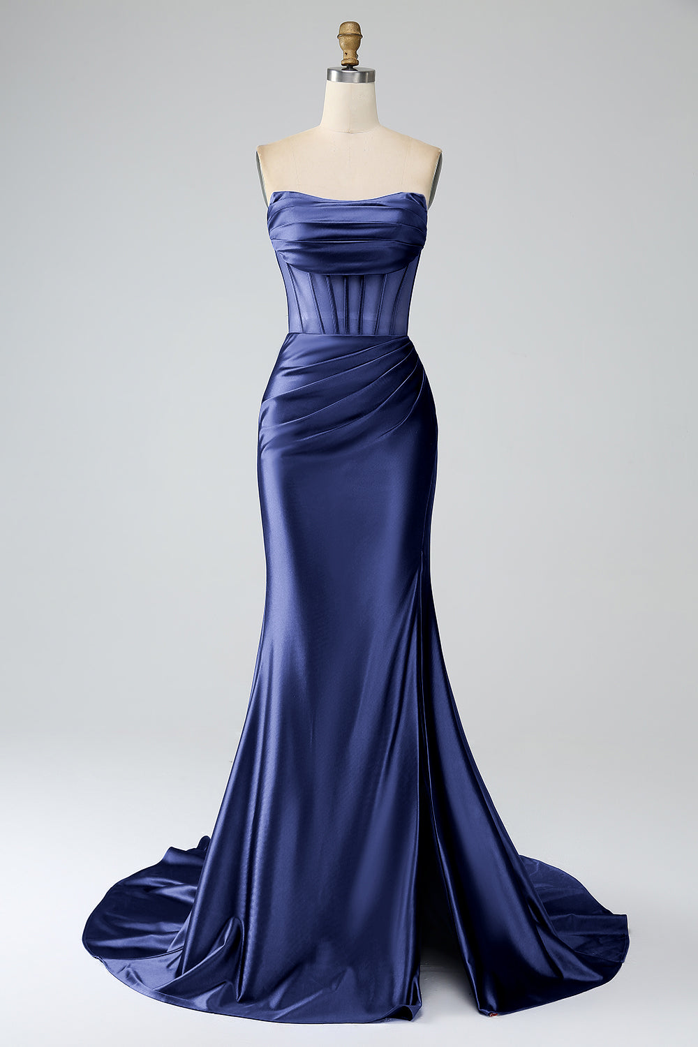 Modecrush Royal Blue Mermaid Strapless Pleated Corset Long Prom Dress with Slit