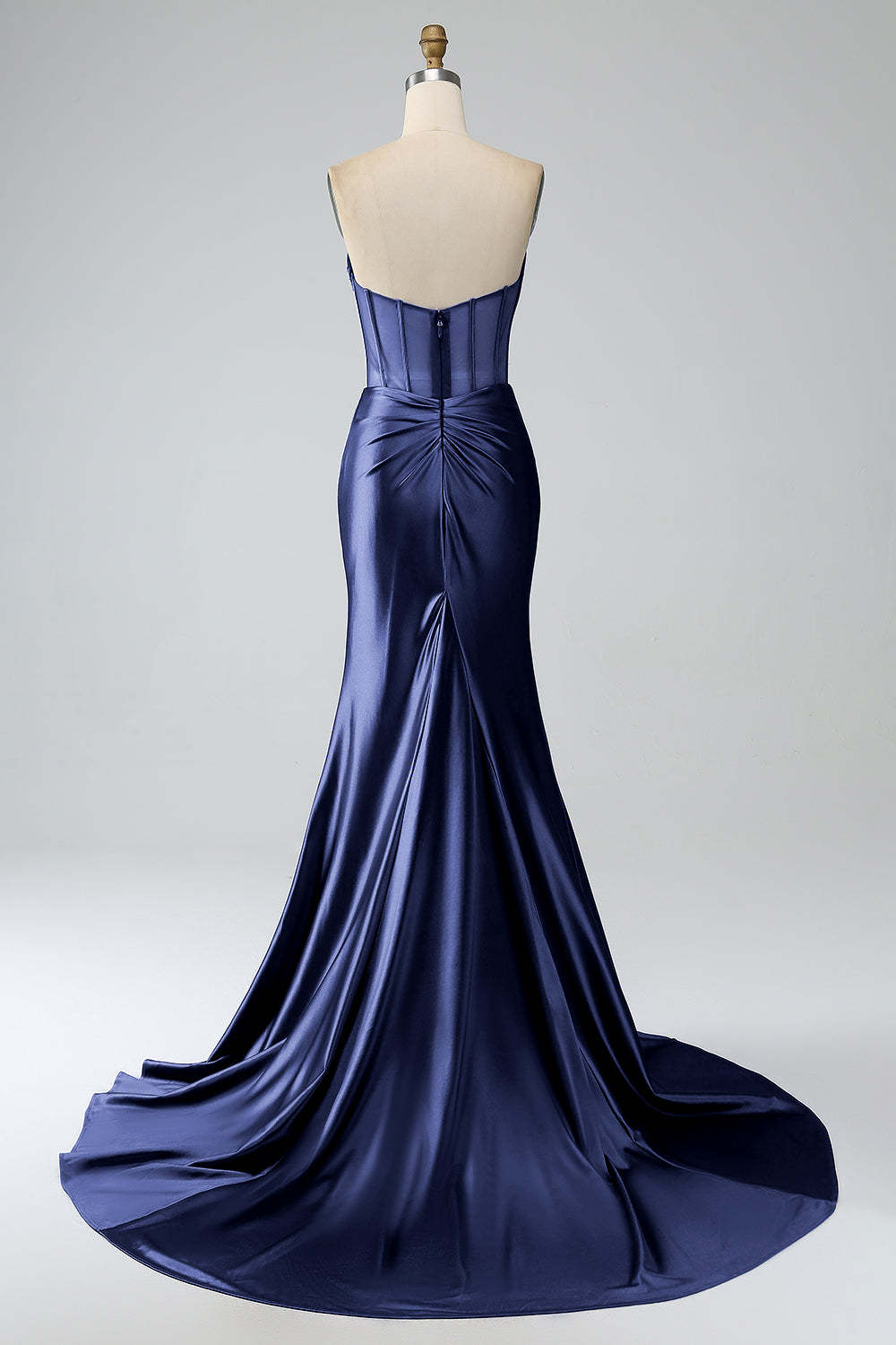 Modecrush Royal Blue Mermaid Strapless Pleated Corset Long Prom Dress with Slit