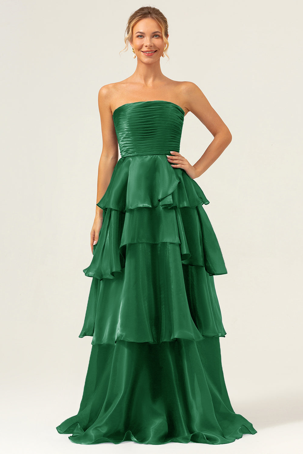 ModecrushDark Navy A Line Strapless Tiered Satin Long Bridesmaid Dress