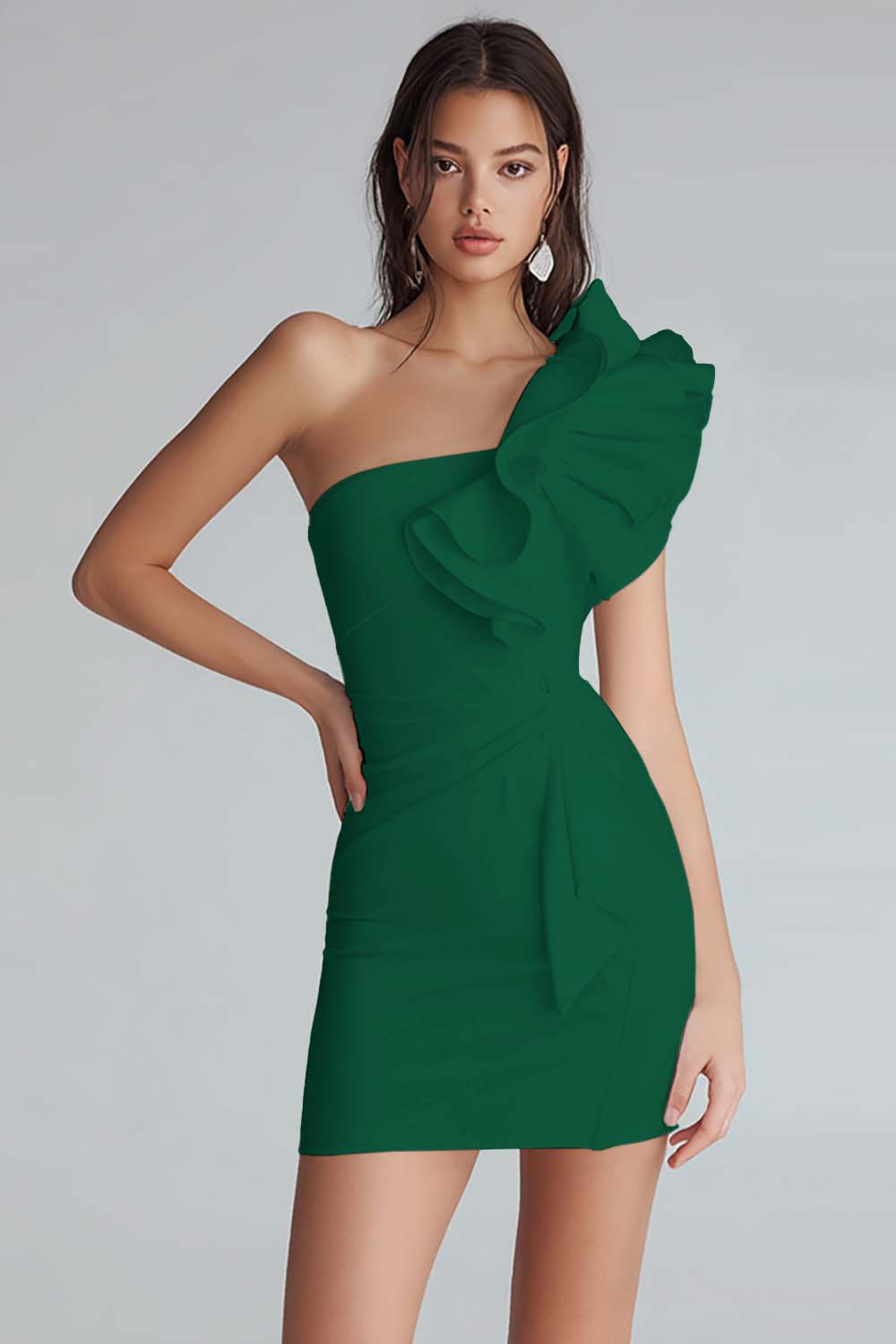 Bodycon Ivory One Shoulder Ruffled Satin Short Graduation Dress