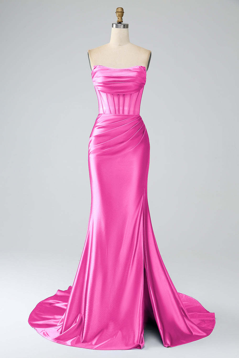 Modecrush Royal Blue Mermaid Strapless Pleated Corset Long Prom Dress with Slit