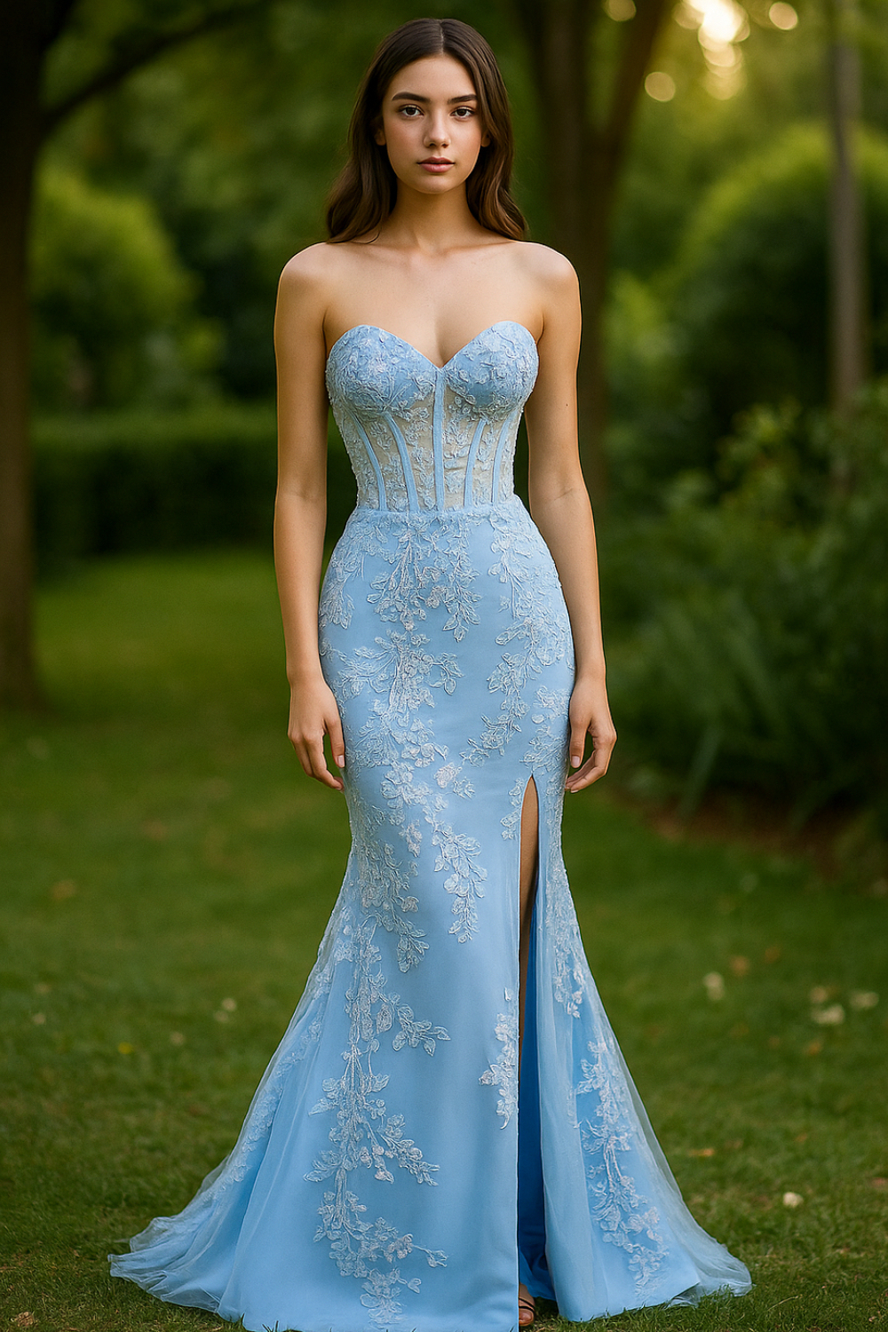 Modecrush Light Blue Mermaid Sweetheart Corset Appliques Prom Dress With Side Slit
