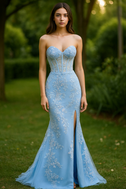 Modecrush Light Blue Mermaid Sweetheart Corset Appliques Prom Dress With Side Slit