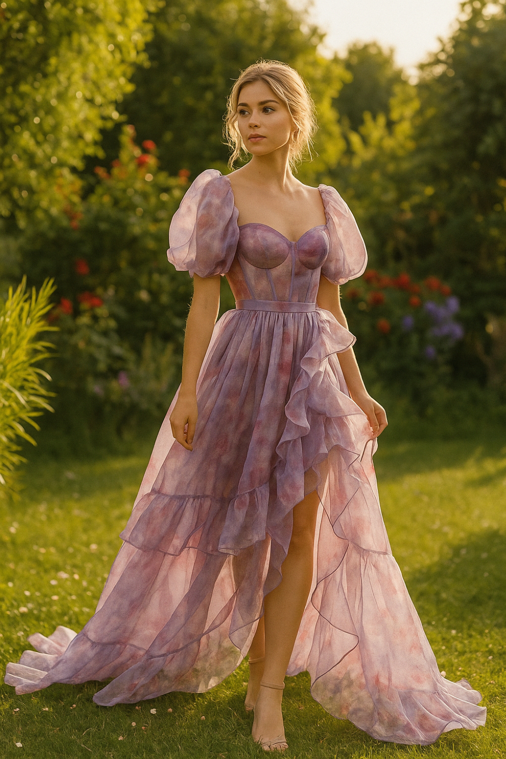 Modecrush Purple A Line Square Neck Corset Prom Dress With Slit