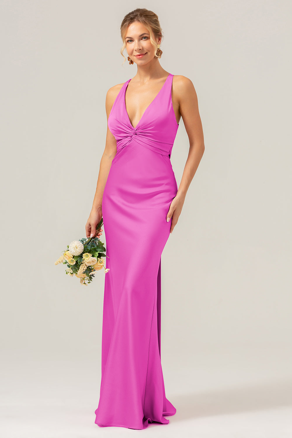 Modecrush Pink Mermaid V Neck Ruched Satin Long Bridesmaid Dress with Lace Up Back