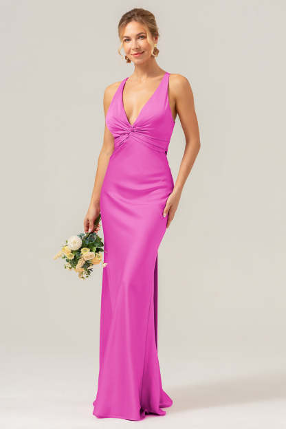 Modecrush Pink Mermaid V Neck Ruched Satin Long Bridesmaid Dress with Lace Up Back