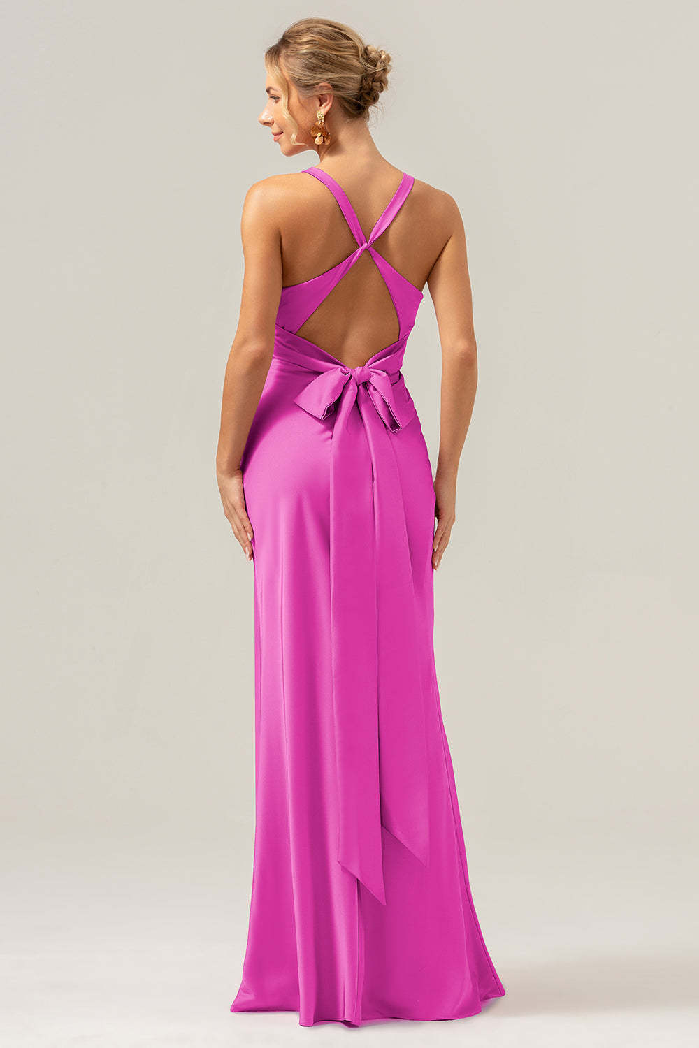 Modecrush Pink Mermaid V Neck Ruched Satin Long Bridesmaid Dress with Lace Up Back