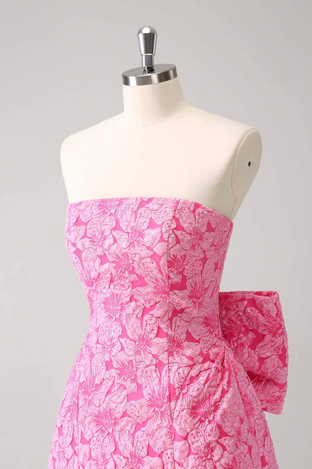 A-Line Fuchsia Floral Strapless Brocade Short Homecoming Dress with Back Giant Bow