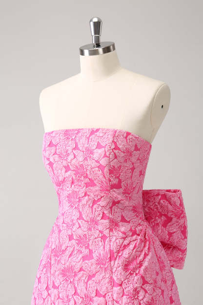 A-Line Fuchsia Floral Strapless Brocade Short Homecoming Dress with Back Giant Bow