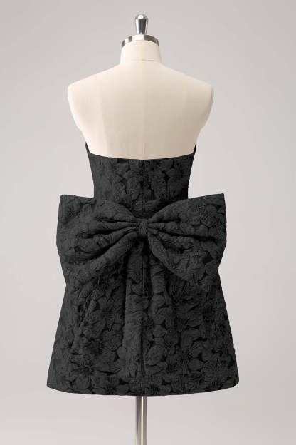 A-Line Fuchsia Floral Strapless Brocade Short Homecoming Dress with Back Giant Bow