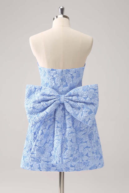 A-Line Fuchsia Floral Strapless Brocade Short Homecoming Dress with Back Giant Bow