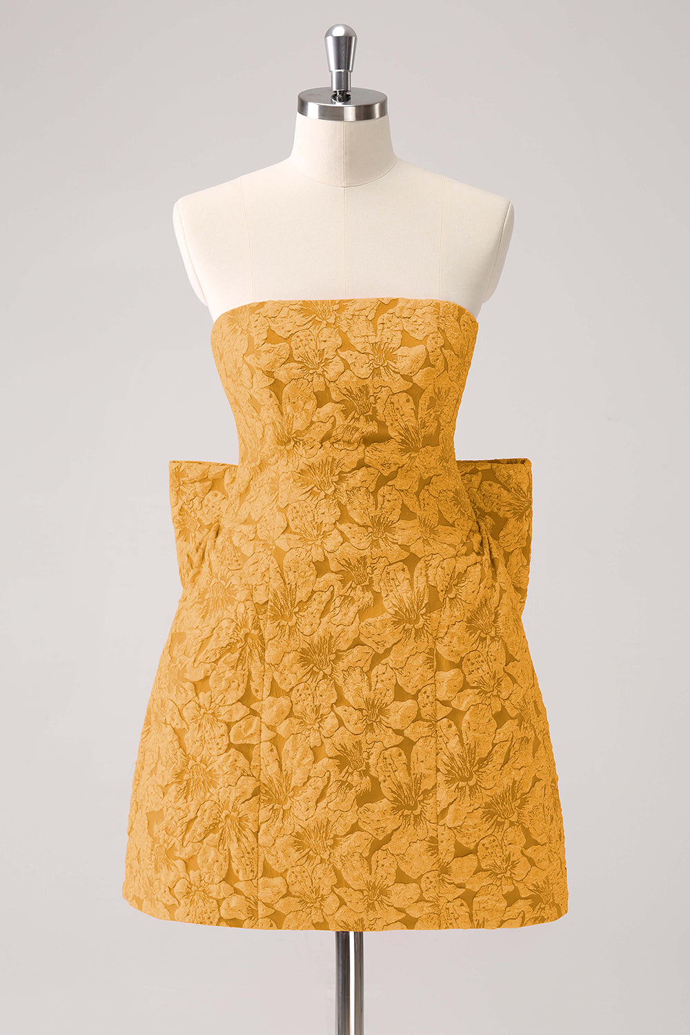 A-Line Fuchsia Floral Strapless Brocade Short Homecoming Dress with Back Giant Bow