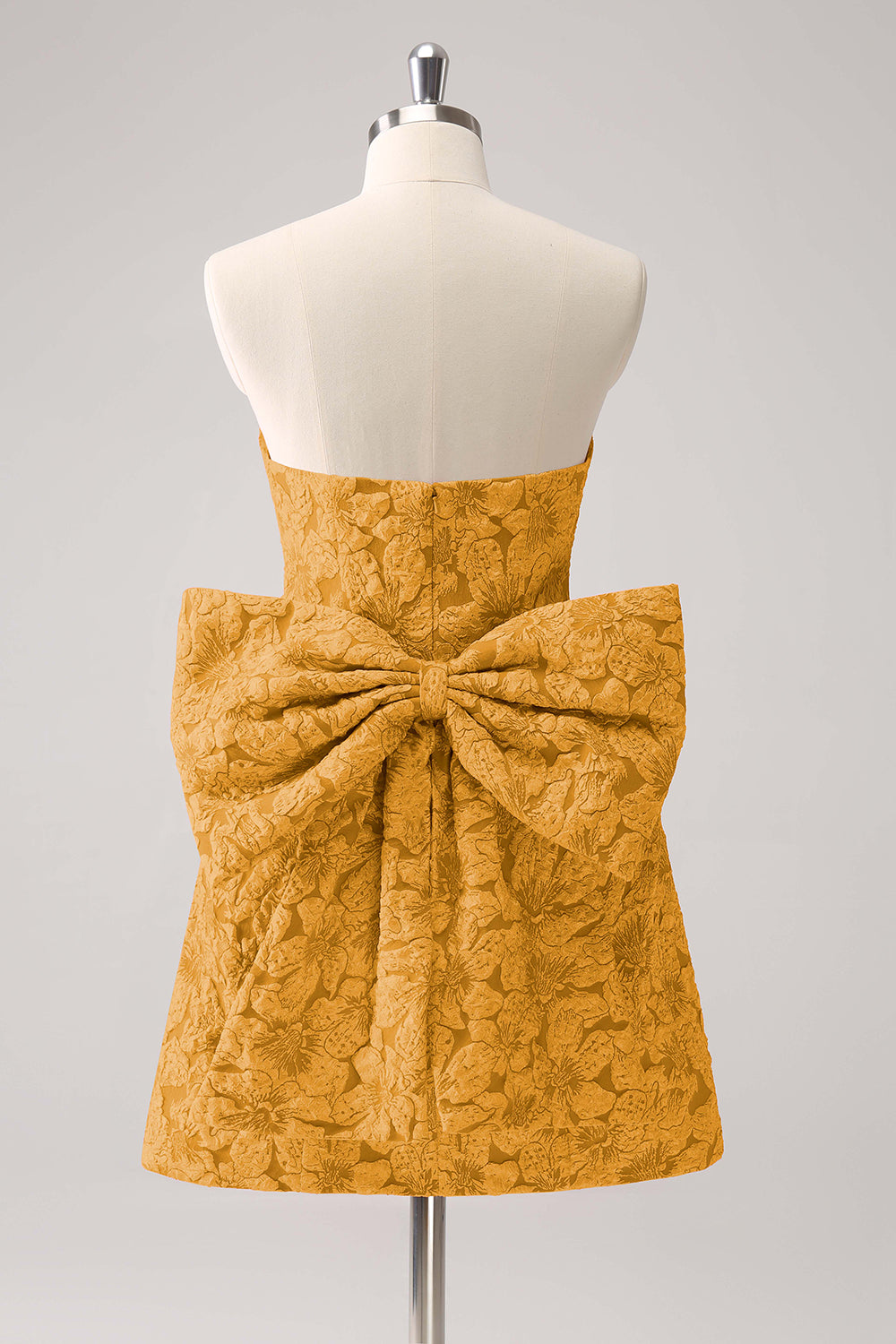 A-Line Fuchsia Floral Strapless Brocade Short Homecoming Dress with Back Giant Bow