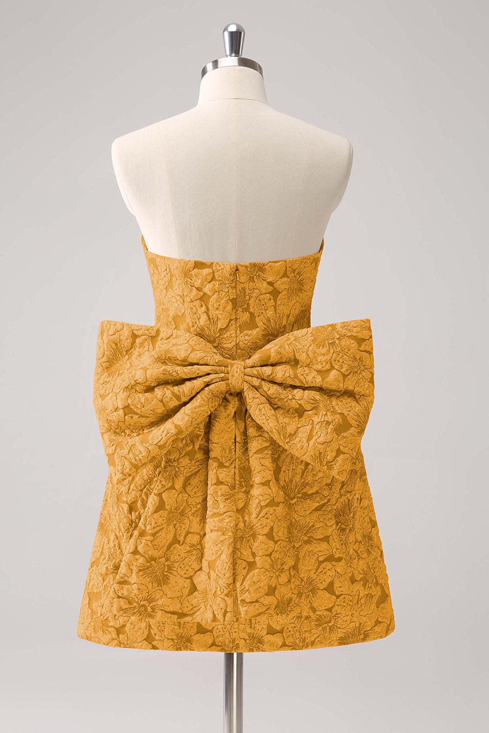 A-Line Fuchsia Floral Strapless Brocade Short Homecoming Dress with Back Giant Bow