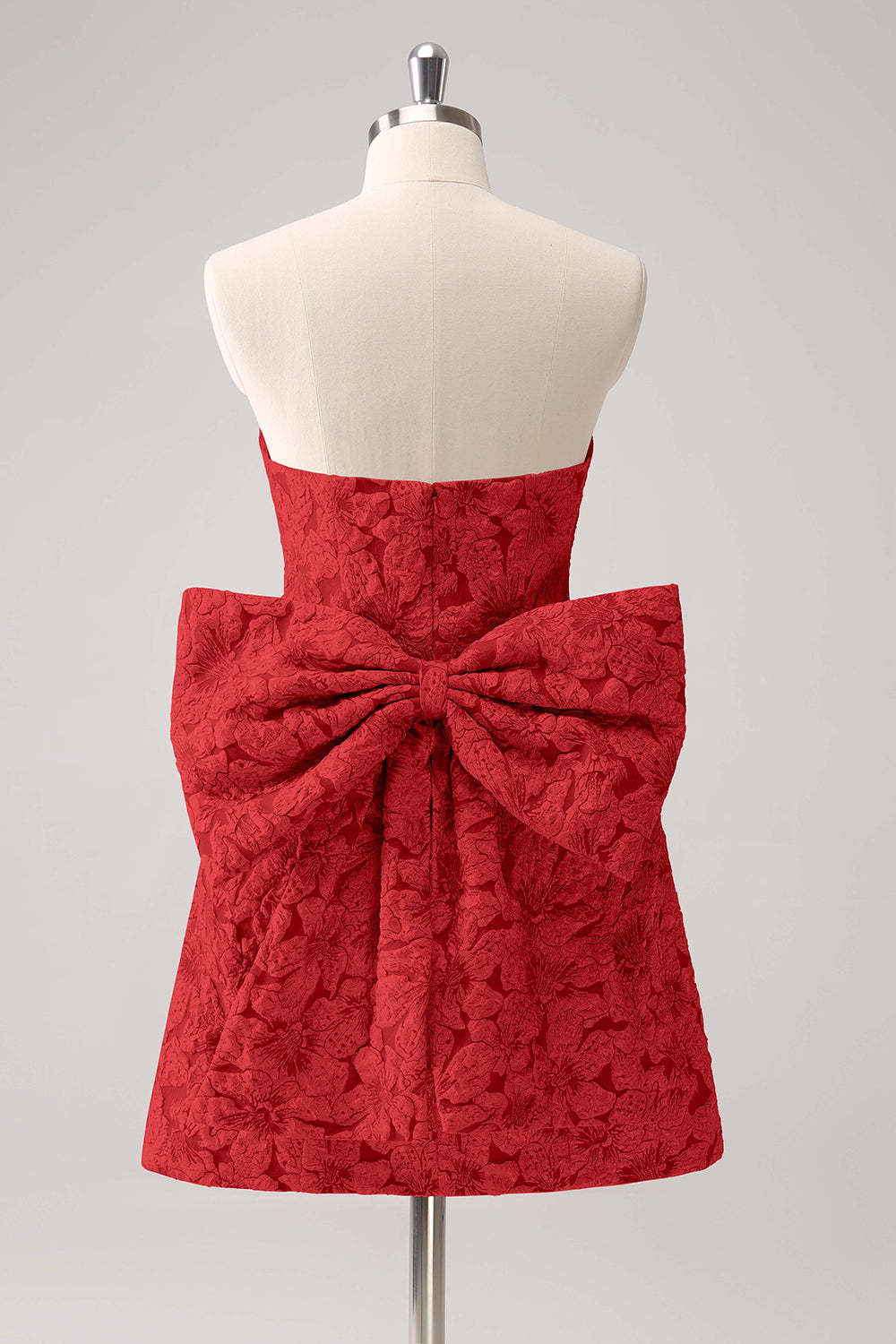 A-Line Fuchsia Floral Strapless Brocade Short Homecoming Dress with Back Giant Bow