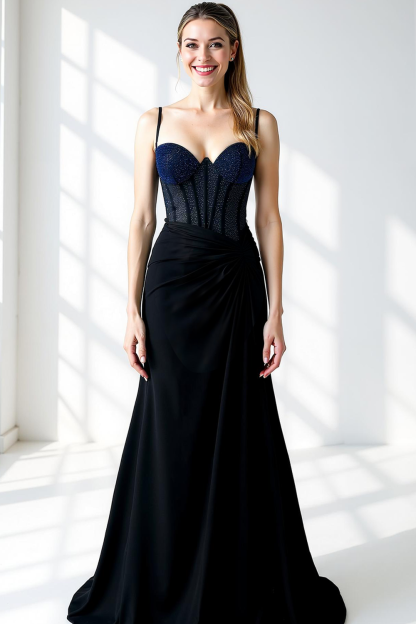 Black Mermaid Spaghetti Straps Long Corset Prom Dress With Beading