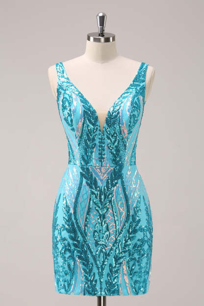 Glitter Fuchsia Bodycon V Neck Short Homecoming Dress with Sequins