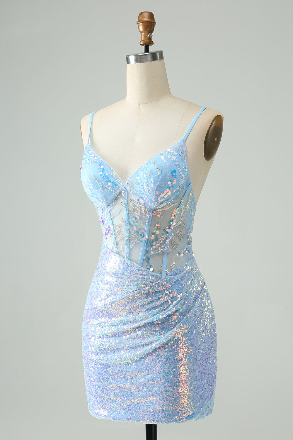 Glitter Light Blue Bodycon Spaghetti Straps Short Homecoming Dress with Sequins