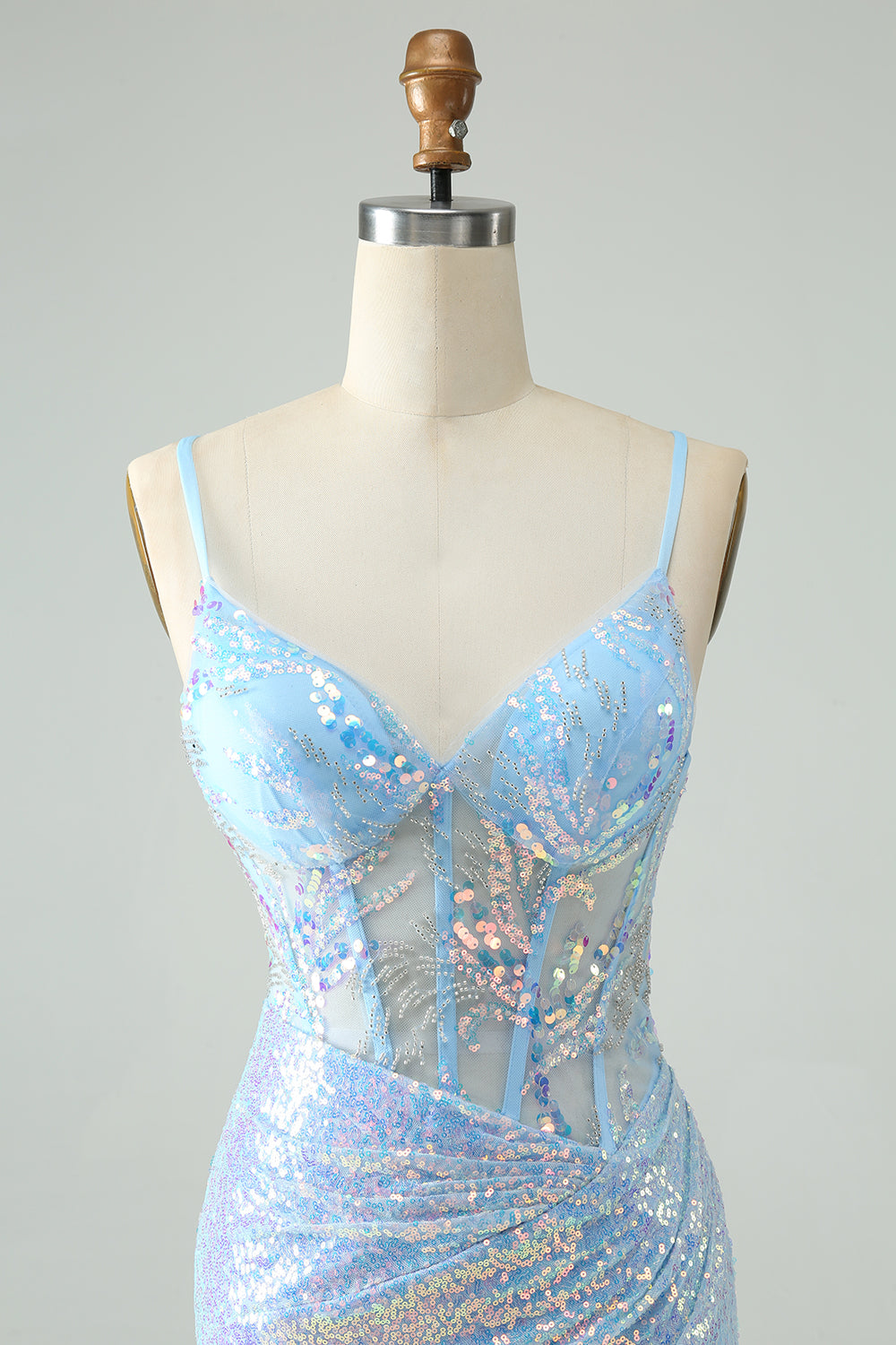 Glitter Light Blue Bodycon Spaghetti Straps Short Homecoming Dress with Sequins