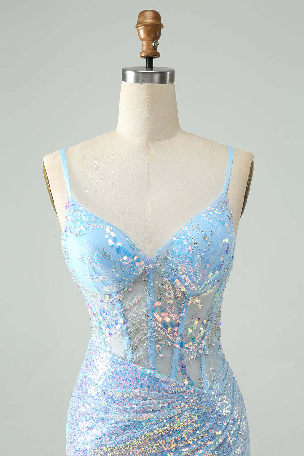 Glitter Light Blue Bodycon Spaghetti Straps Short Homecoming Dress with Sequins