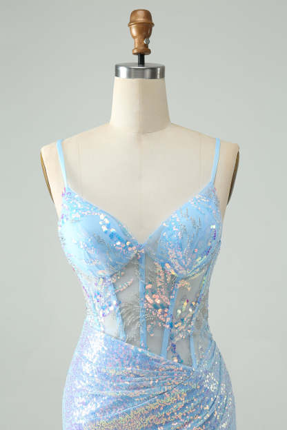 Glitter Light Blue Bodycon Spaghetti Straps Short Homecoming Dress with Sequins