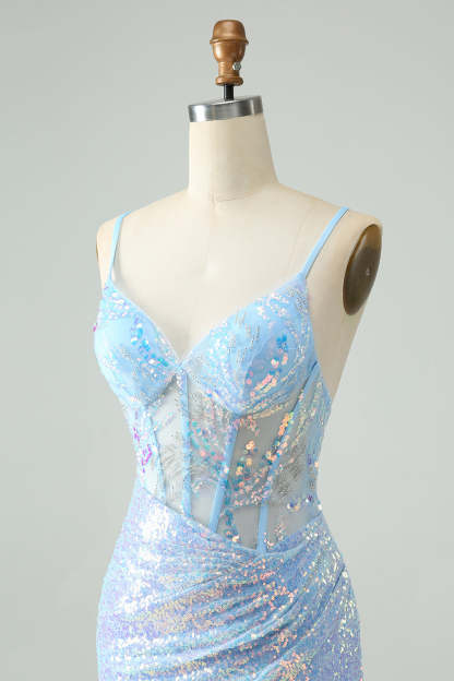 Glitter Light Blue Bodycon Spaghetti Straps Short Homecoming Dress with Sequins