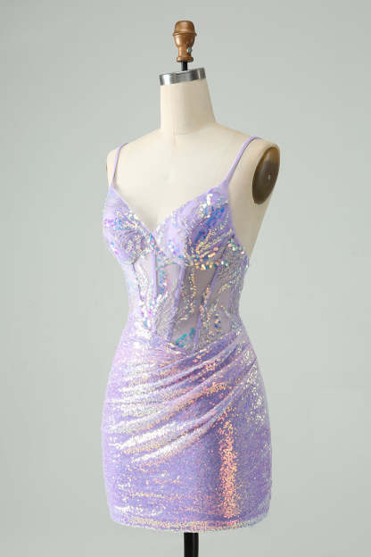 Glitter Light Blue Bodycon Spaghetti Straps Short Homecoming Dress with Sequins