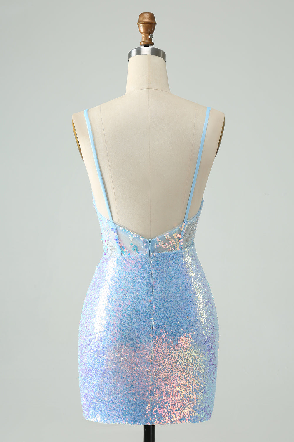 Glitter Light Blue Bodycon Spaghetti Straps Short Homecoming Dress with Sequins