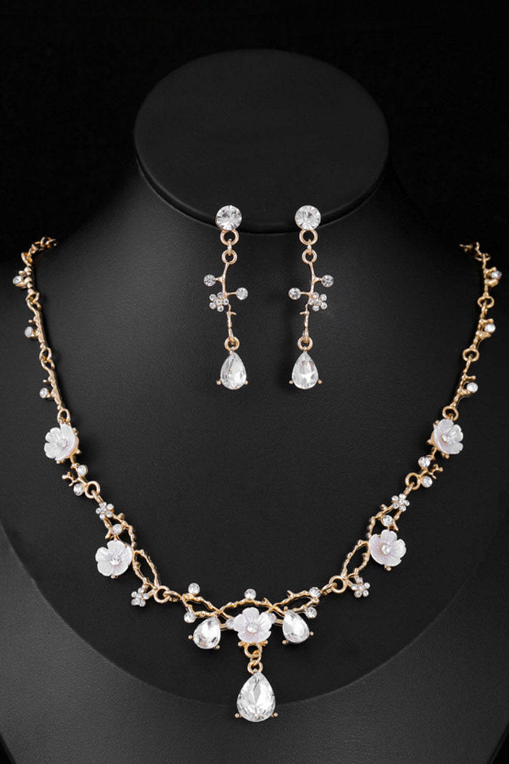 Golden Alloy Rhinestone Necklace Earrings Jewelry Set