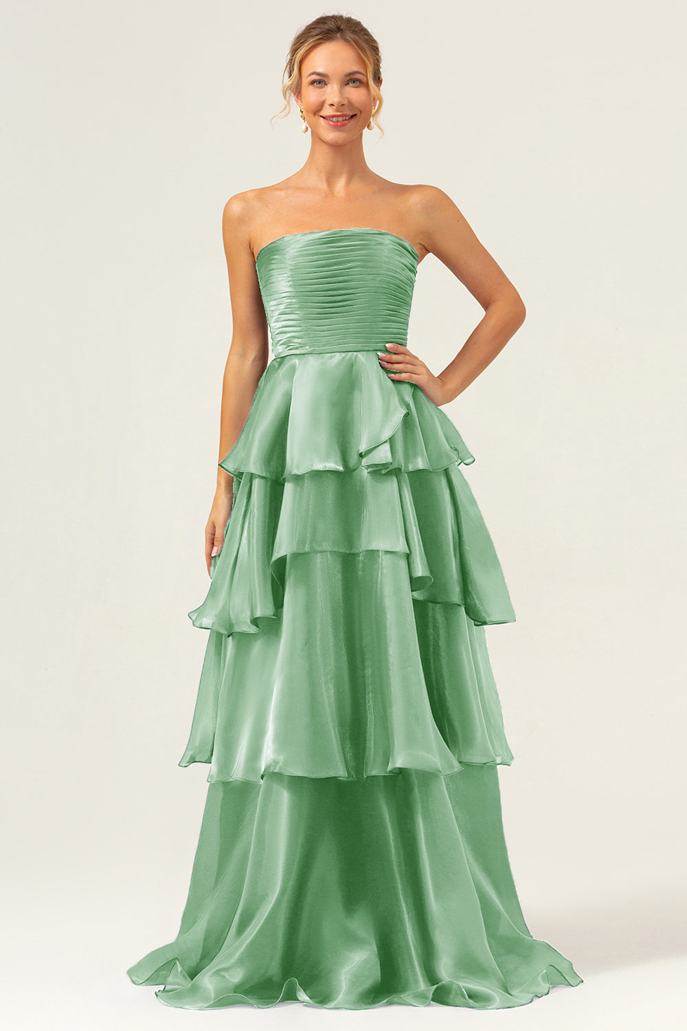 ModecrushDark Navy A Line Strapless Tiered Satin Long Bridesmaid Dress