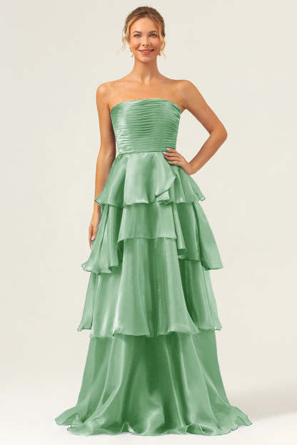 ModecrushDark Navy A Line Strapless Tiered Satin Long Bridesmaid Dress